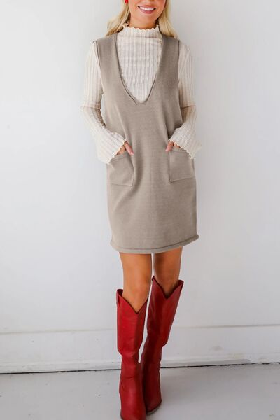 Lovelet Pocketed V-Neck Mini Sweater Overall Dress.