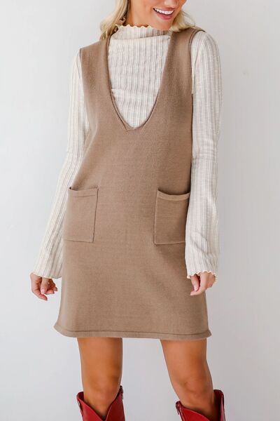 Lovelet Pocketed V-Neck Mini Sweater Overall Dress.