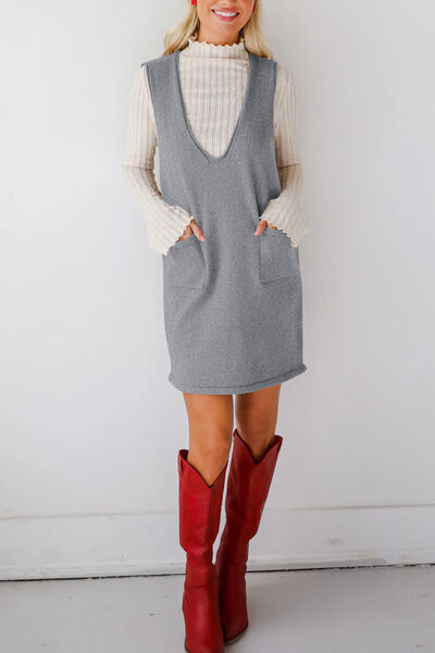 Lovelet Pocketed V-Neck Mini Sweater Overall Dress.