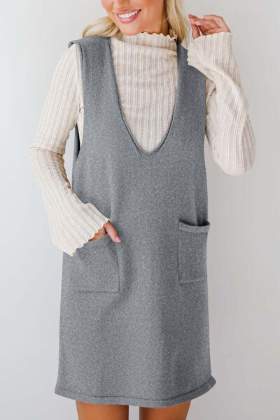 Lovelet Pocketed V-Neck Mini Sweater Overall Dress.