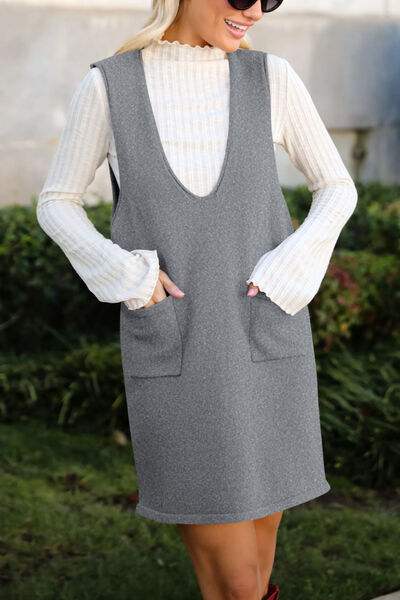 Lovelet Pocketed V-Neck Mini Sweater Overall Dress.