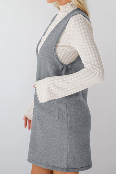 Lovelet Pocketed V-Neck Mini Sweater Overall Dress.