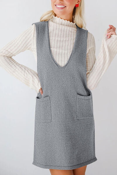 Lovelet Pocketed V-Neck Mini Sweater Overall Dress.