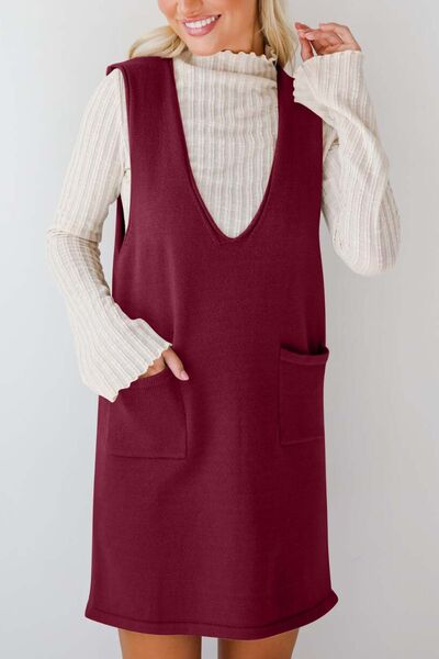 Lovelet Pocketed V-Neck Mini Sweater Overall Dress.