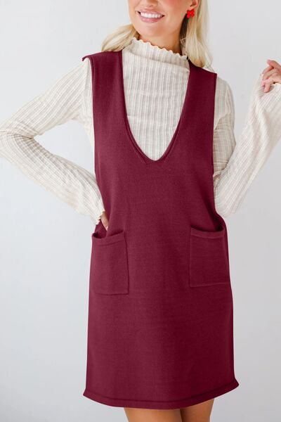 Lovelet Pocketed V-Neck Mini Sweater Overall Dress.