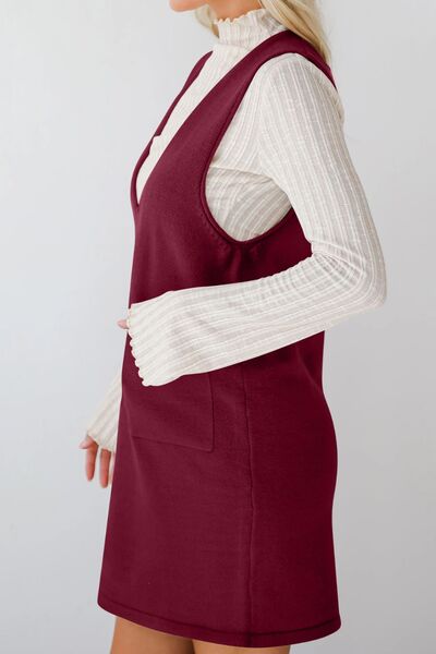 Lovelet Pocketed V-Neck Mini Sweater Overall Dress.