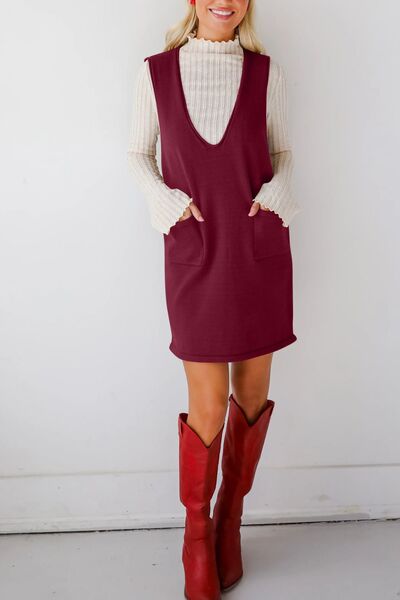 Lovelet Pocketed V-Neck Mini Sweater Overall Dress.
