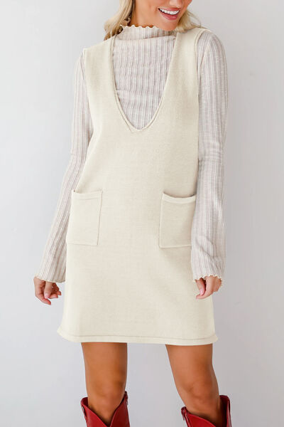 Lovelet Pocketed V-Neck Mini Sweater Overall Dress.