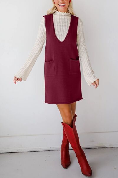 Lovelet Pocketed V-Neck Mini Sweater Overall Dress.