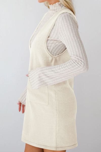 Lovelet Pocketed V-Neck Mini Sweater Overall Dress.