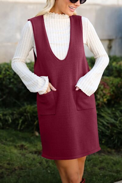 Lovelet Pocketed V-Neck Mini Sweater Overall Dress.