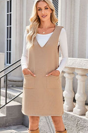Lovelet Pocketed V-Neck Mini Sweater Overall Dress.