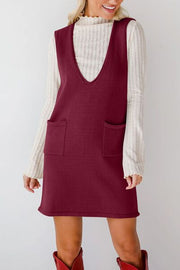 Lovelet Pocketed V-Neck Mini Sweater Overall Dress.