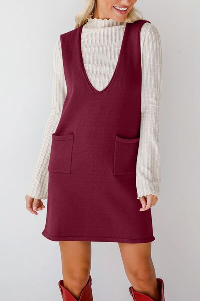 Lovelet Pocketed V-Neck Mini Sweater Overall Dress.