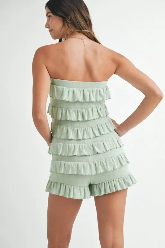 Pointelle Knit Fabric Ruffled Tube Romper.
