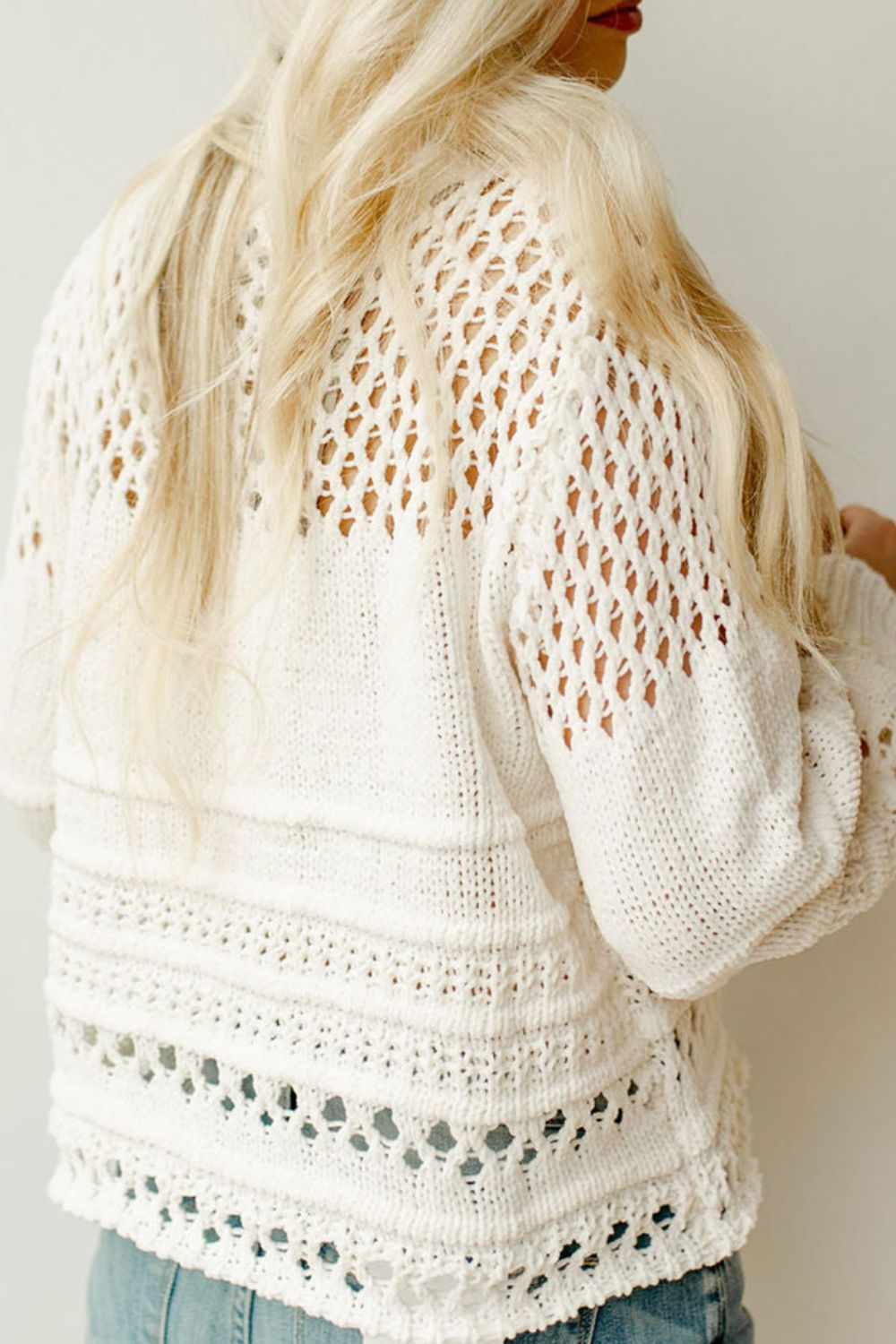 Pointelle Knit Puff Sleeve Sweater with Openwork.