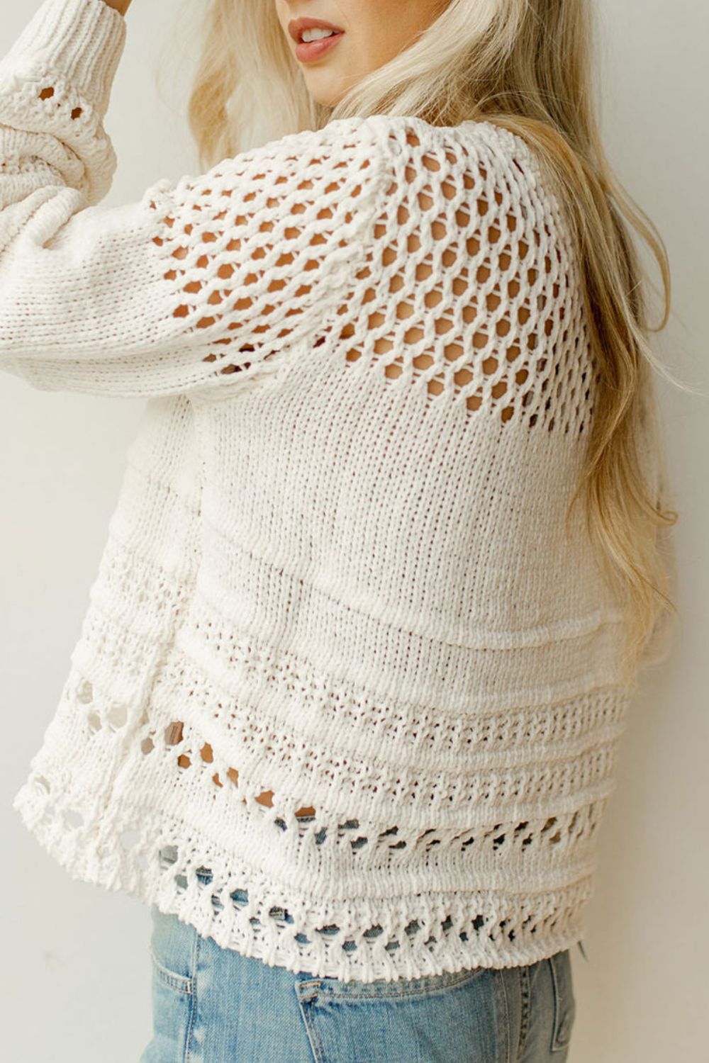 Pointelle Knit Puff Sleeve Sweater with Openwork.