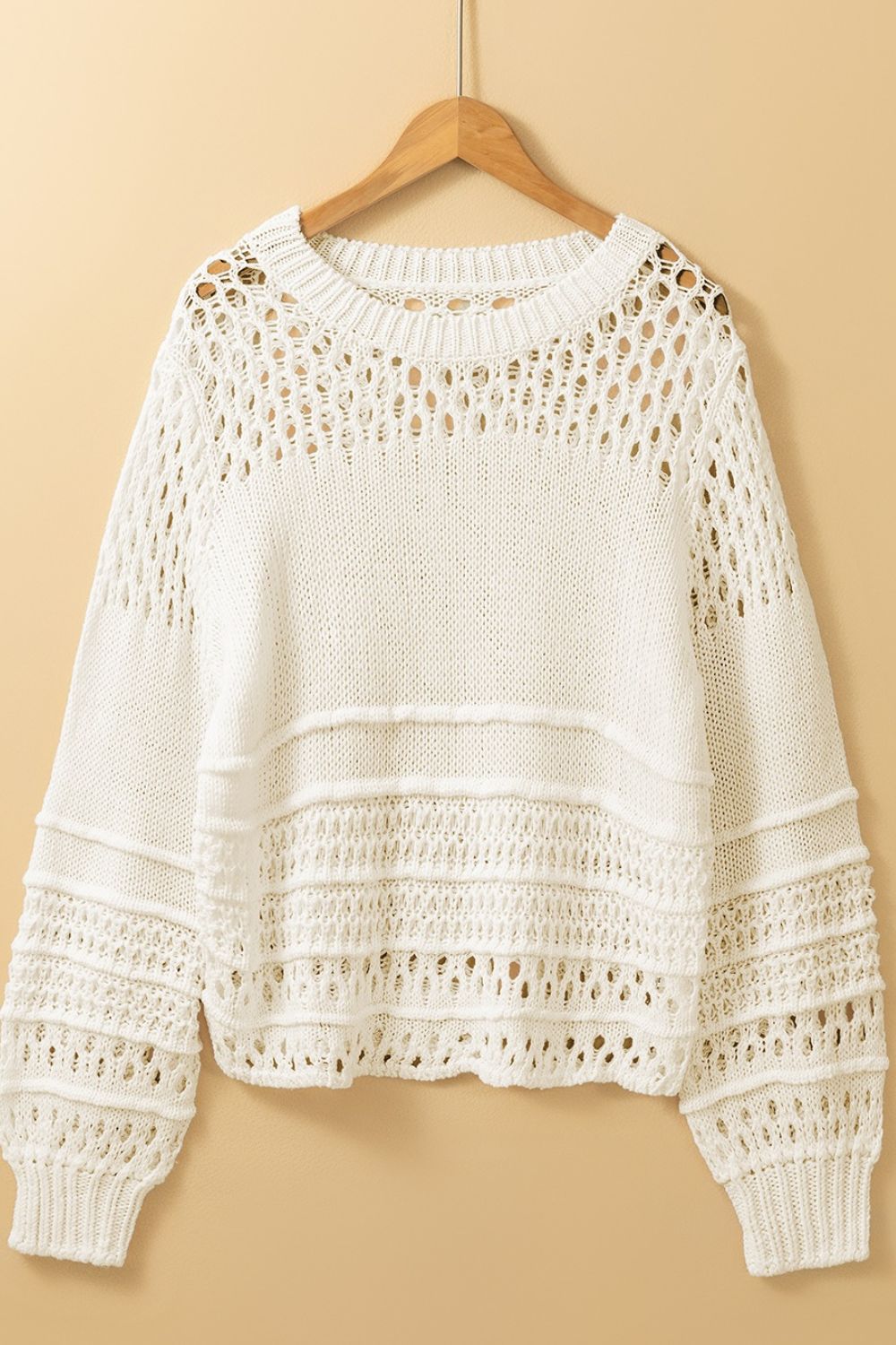 Pointelle Knit Puff Sleeve Sweater with Openwork.