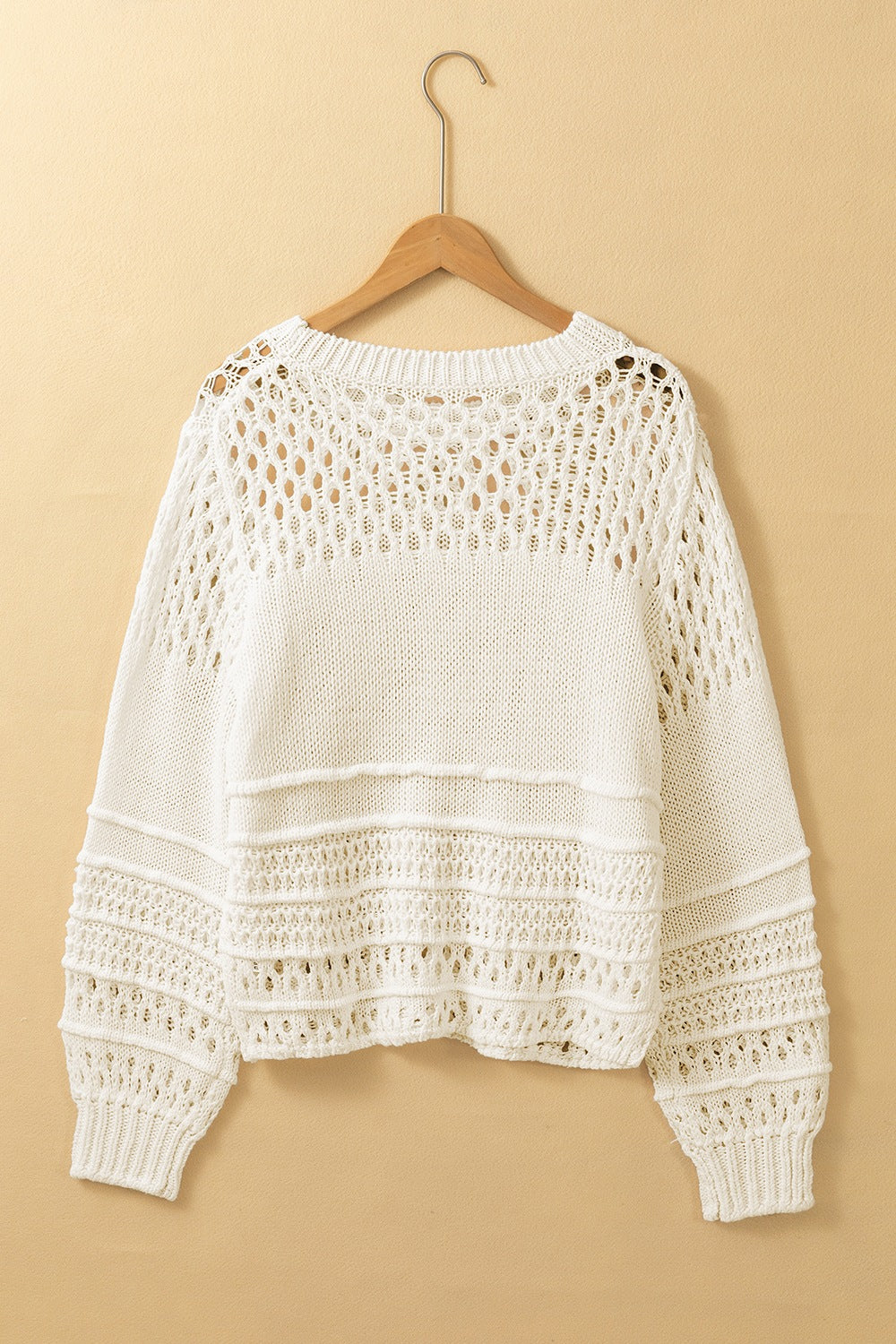 Pointelle Knit Puff Sleeve Sweater with Openwork.
