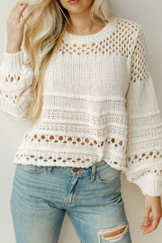 Pointelle Knit Puff Sleeve Sweater with Openwork.