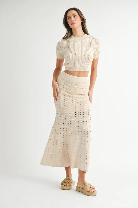 Mable Pointelle Short Sleeve Crop Top and Slit Skirt Sweater Set.