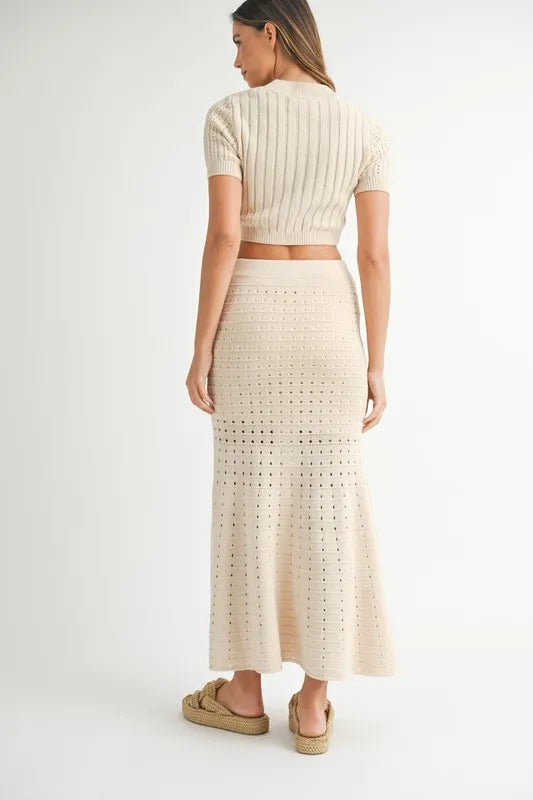 Mable Pointelle Short Sleeve Crop Top and Slit Skirt Sweater Set.
