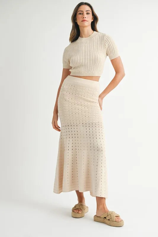 Mable Pointelle Short Sleeve Crop Top and Slit Skirt Sweater Set.