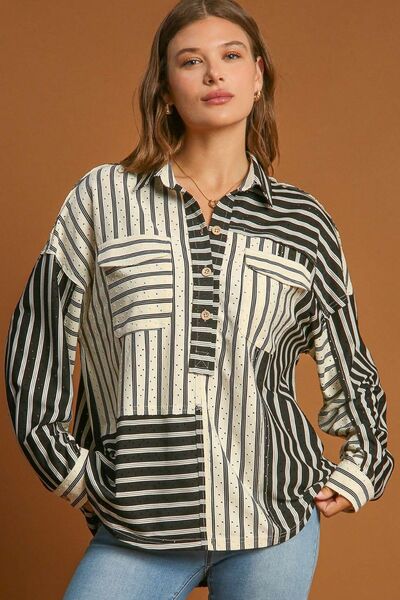 Umgee full size Pointelle Stripped Half Button Collared Neck Top, plus size.