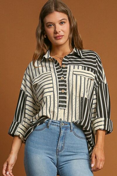 Umgee full size Pointelle Stripped Half Button Collared Neck Top, plus size.