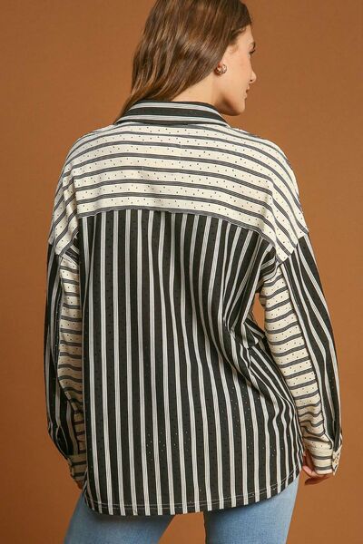 Umgee full size Pointelle Stripped Half Button Collared Neck Top, plus size.