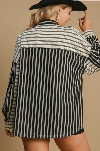 Umgee full size Pointelle Stripped Half Button Collared Neck Top, plus size.