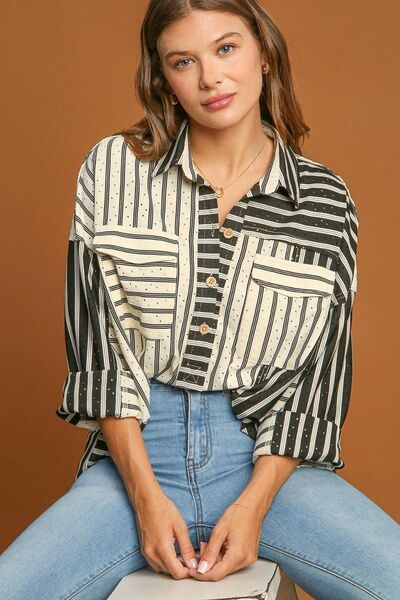 Umgee full size Pointelle Stripped Half Button Collared Neck Top, plus size.