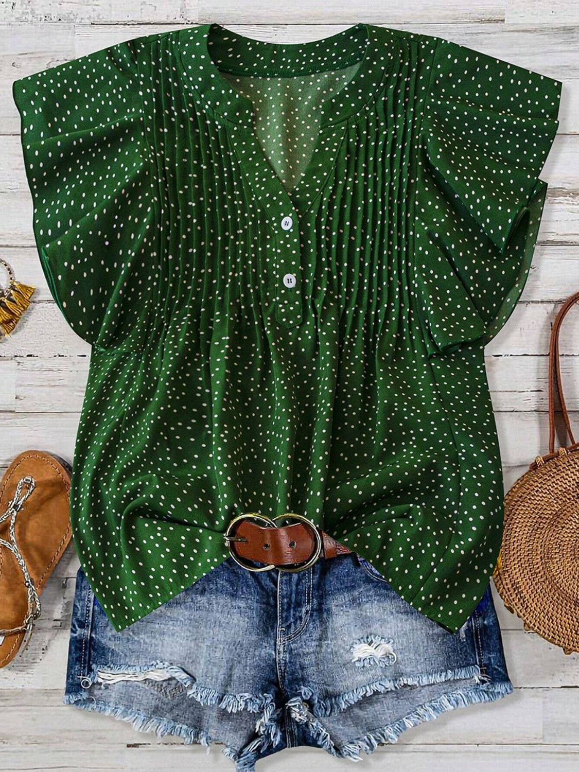Polka Dot Notched Ruffled Cap Sleeve Blouse with Ruffled and Ruched.