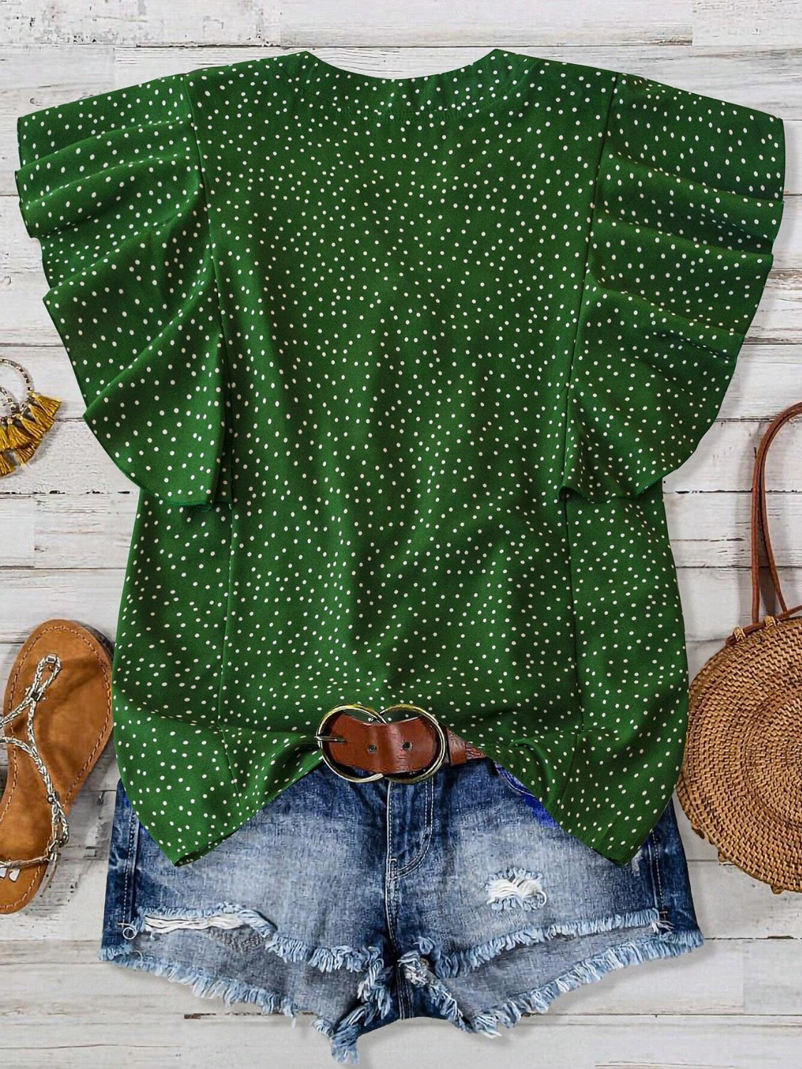 Polka Dot Notched Ruffled Cap Sleeve Blouse with Ruffled and Ruched.