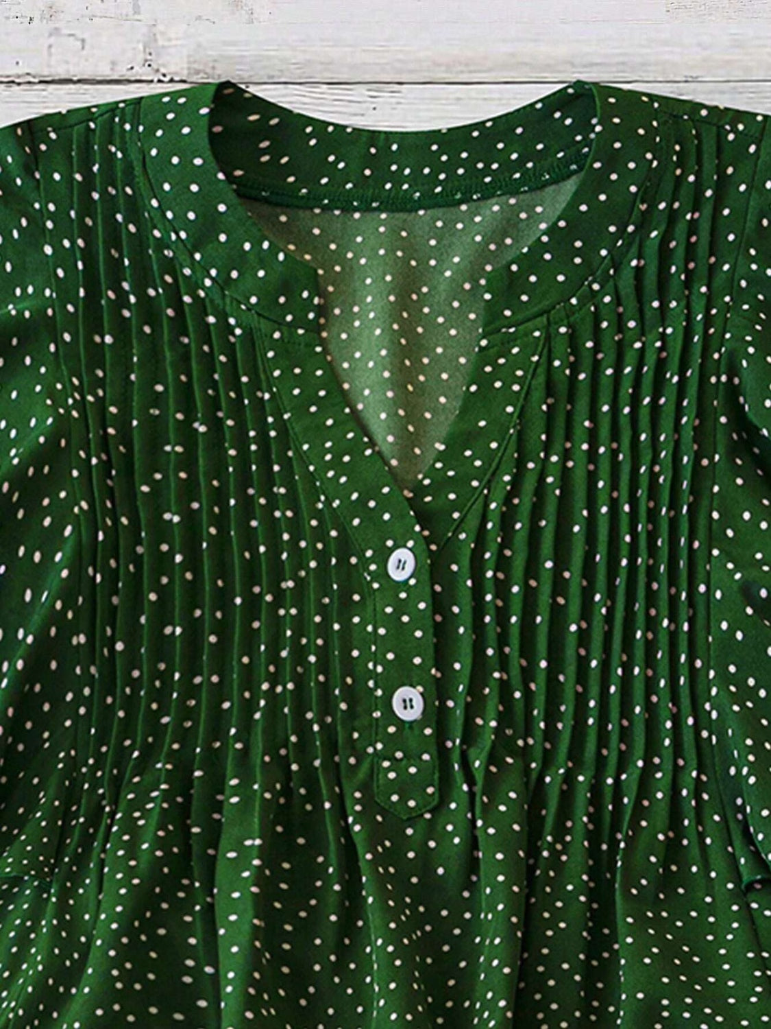Polka Dot Notched Ruffled Cap Sleeve Blouse with Ruffled and Ruched.