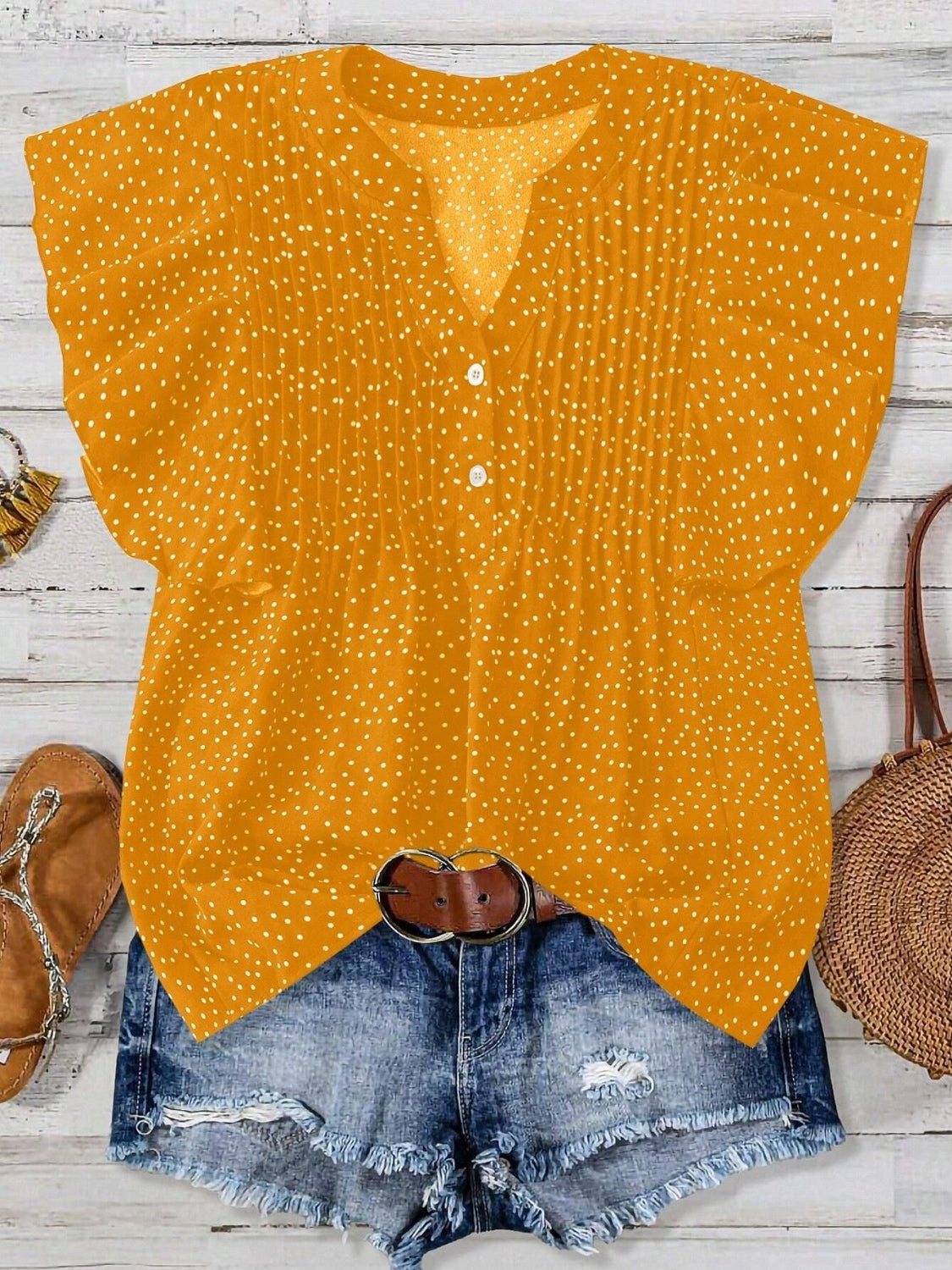 Polka Dot Notched Ruffled Cap Sleeve Blouse with Ruffled and Ruched.