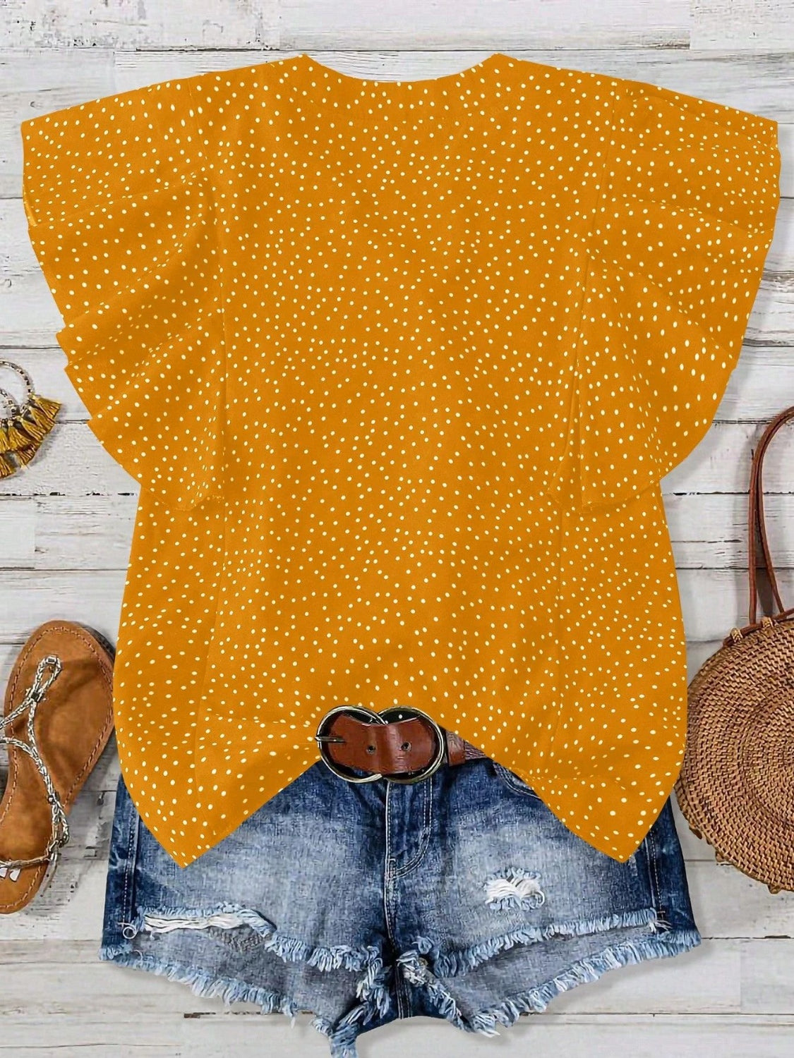Polka Dot Notched Ruffled Cap Sleeve Blouse with Ruffled and Ruched.