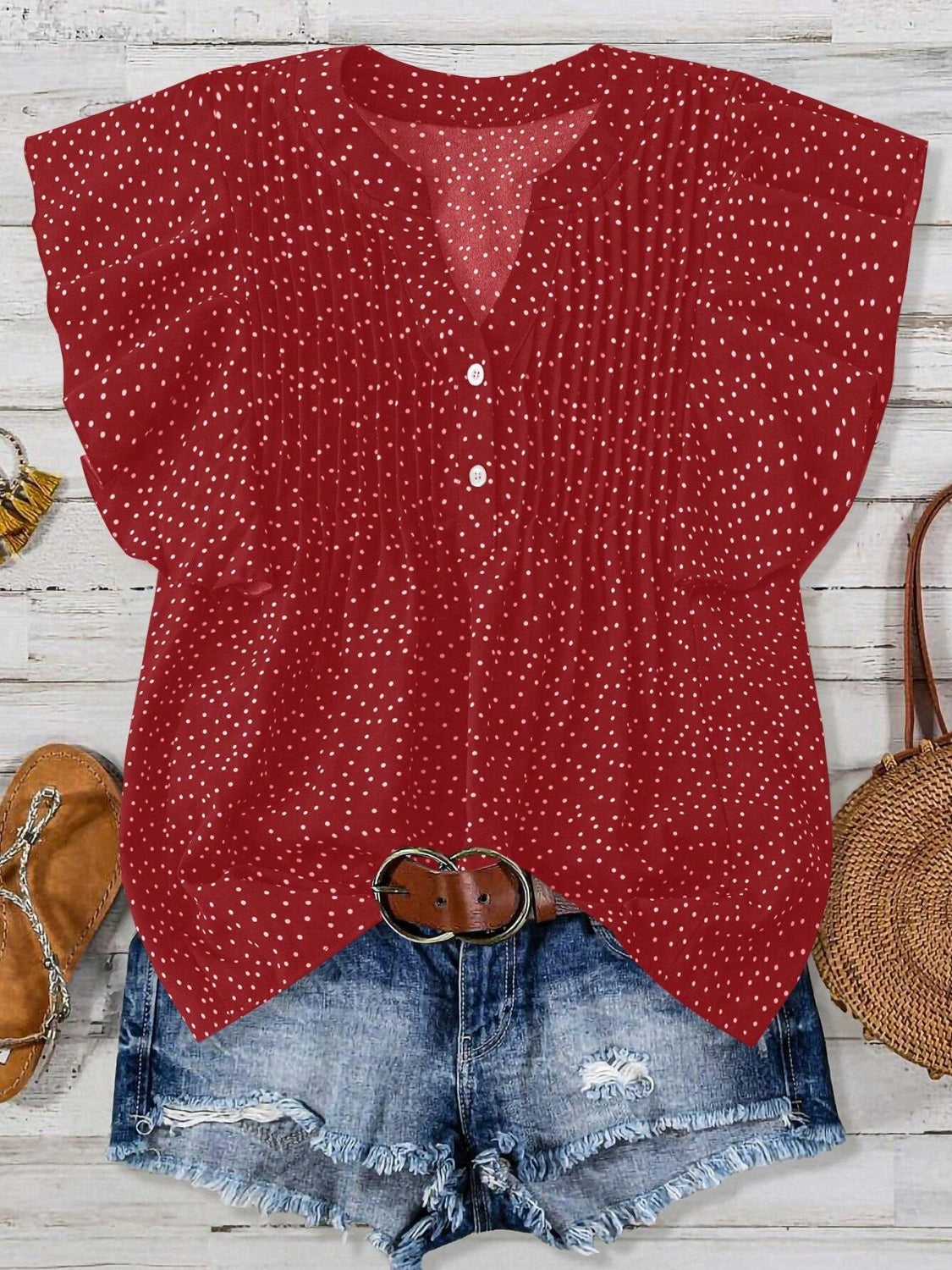 Polka Dot Notched Ruffled Cap Sleeve Blouse with Ruffled and Ruched.