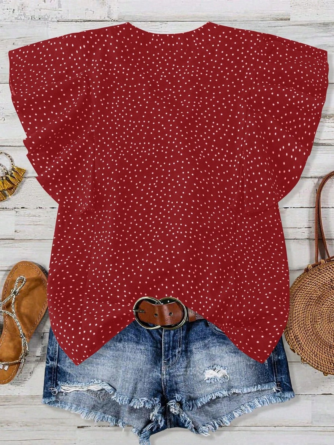 Polka Dot Notched Ruffled Cap Sleeve Blouse with Ruffled and Ruched.