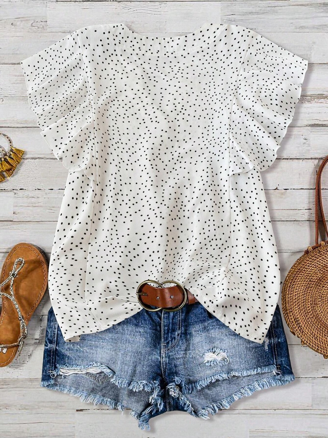 Polka Dot Notched Ruffled Cap Sleeve Blouse with Ruffled and Ruched.