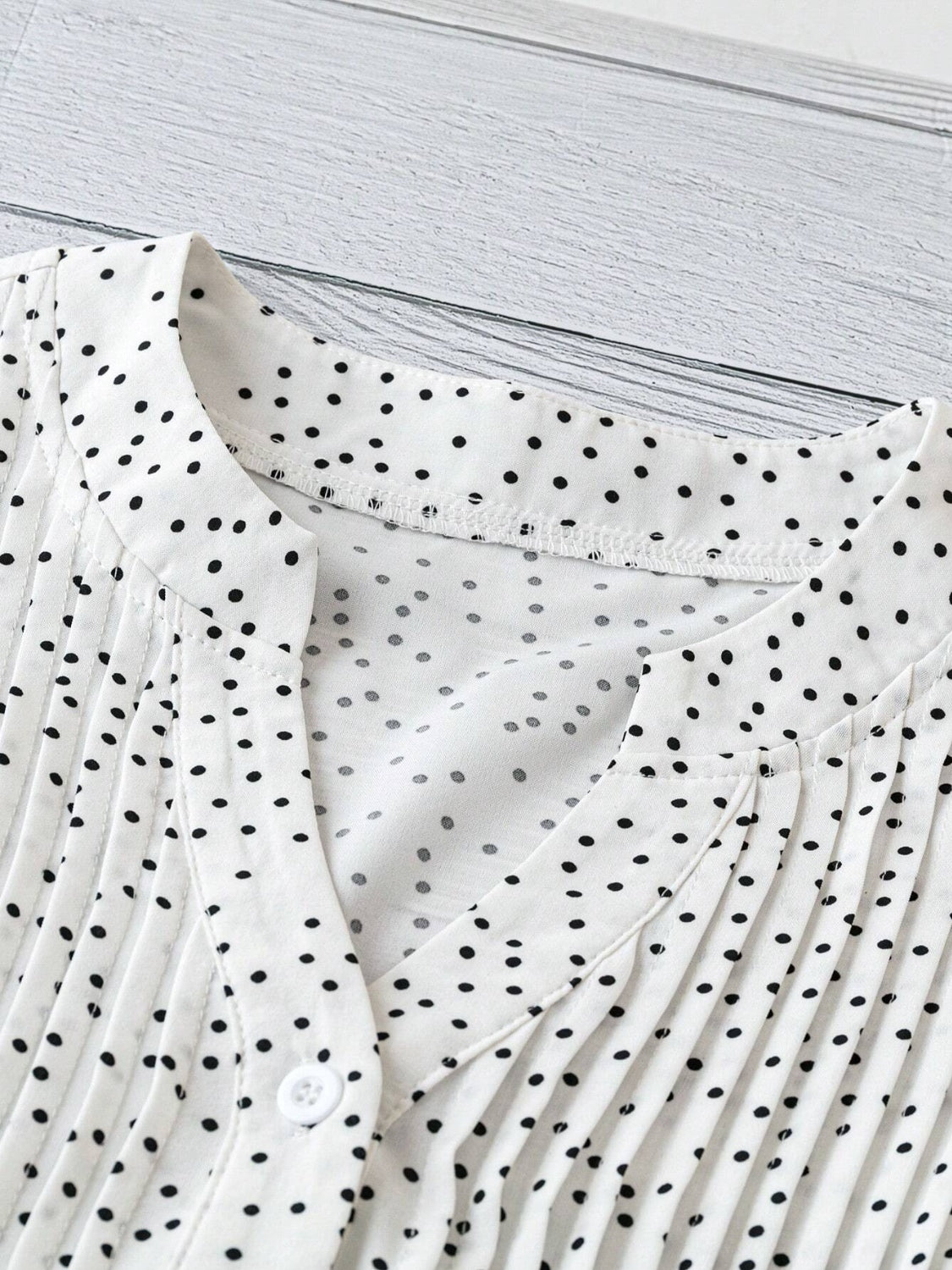 Polka Dot Notched Ruffled Cap Sleeve Blouse with Ruffled and Ruched.