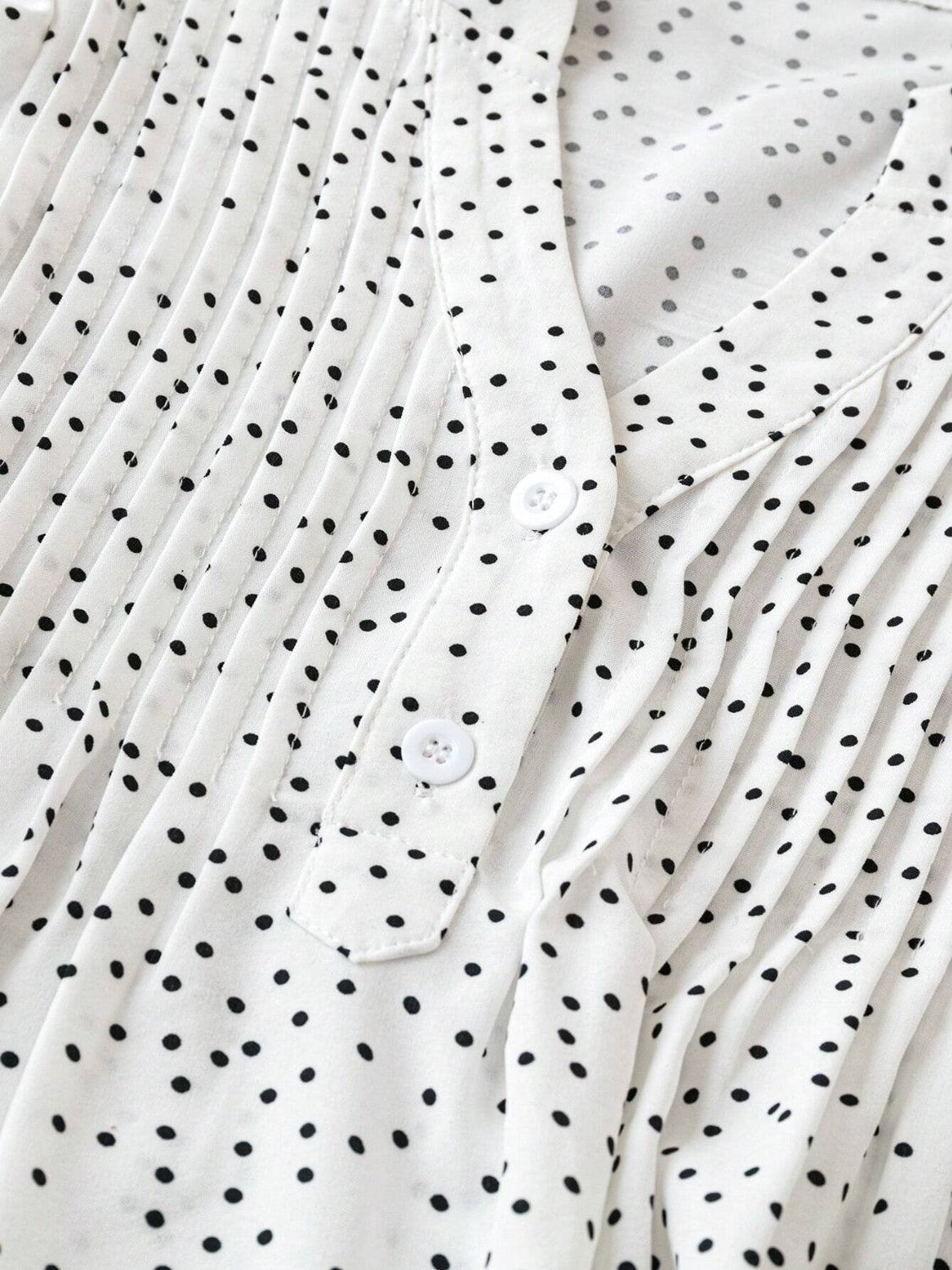 Polka Dot Notched Ruffled Cap Sleeve Blouse with Ruffled and Ruched.