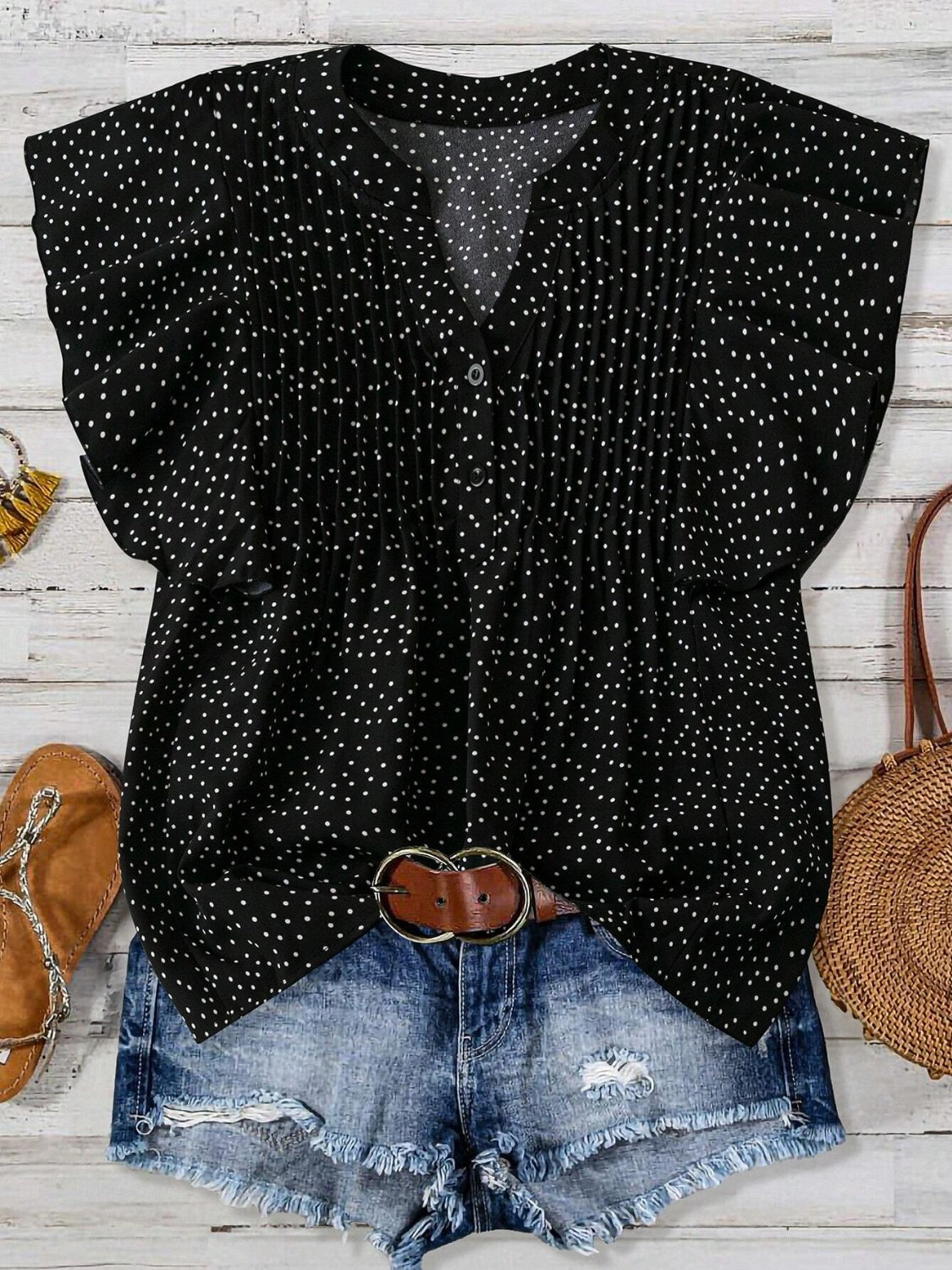 Polka Dot Notched Ruffled Cap Sleeve Blouse with Ruffled and Ruched.