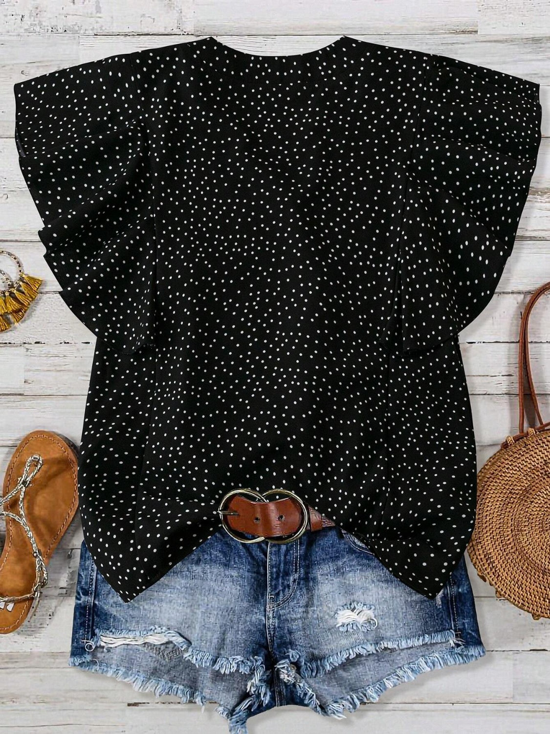 Polka Dot Notched Ruffled Cap Sleeve Blouse with Ruffled and Ruched.