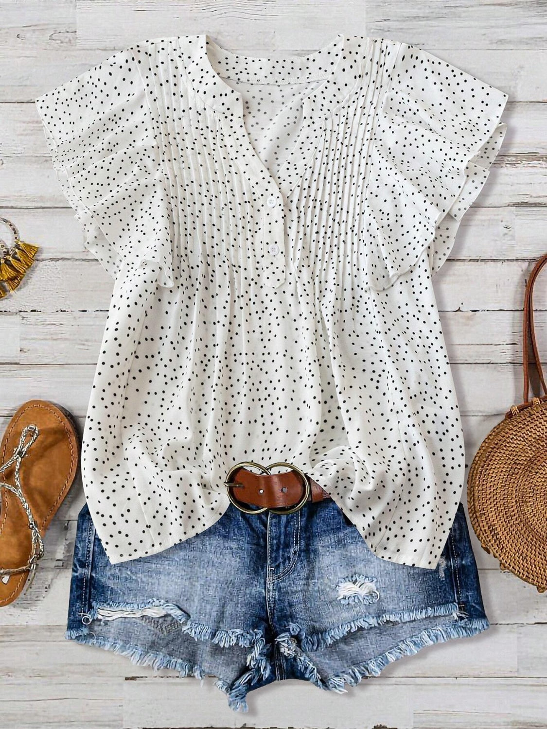Polka Dot Notched Ruffled Cap Sleeve Blouse with Ruffled and Ruched.