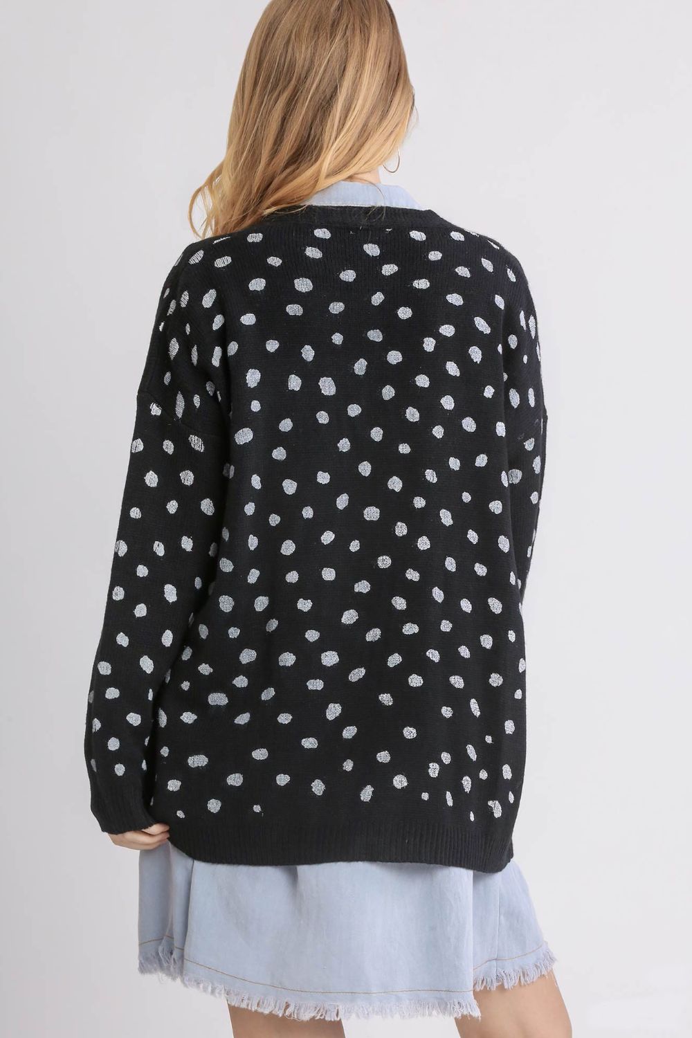 Polka dot open front drop shoulder cardigan with ribbed details.