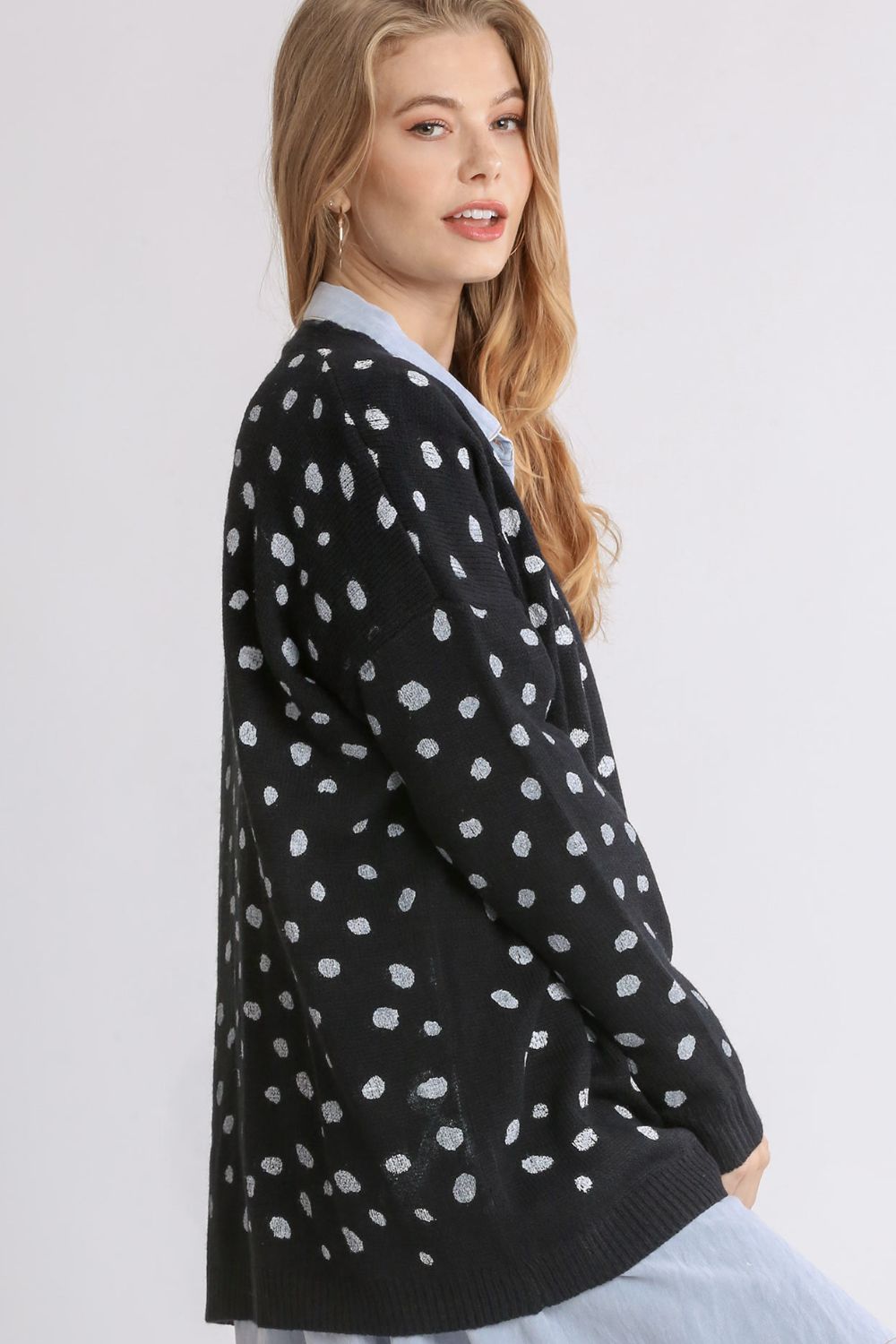 Polka dot open front drop shoulder cardigan with ribbed details.