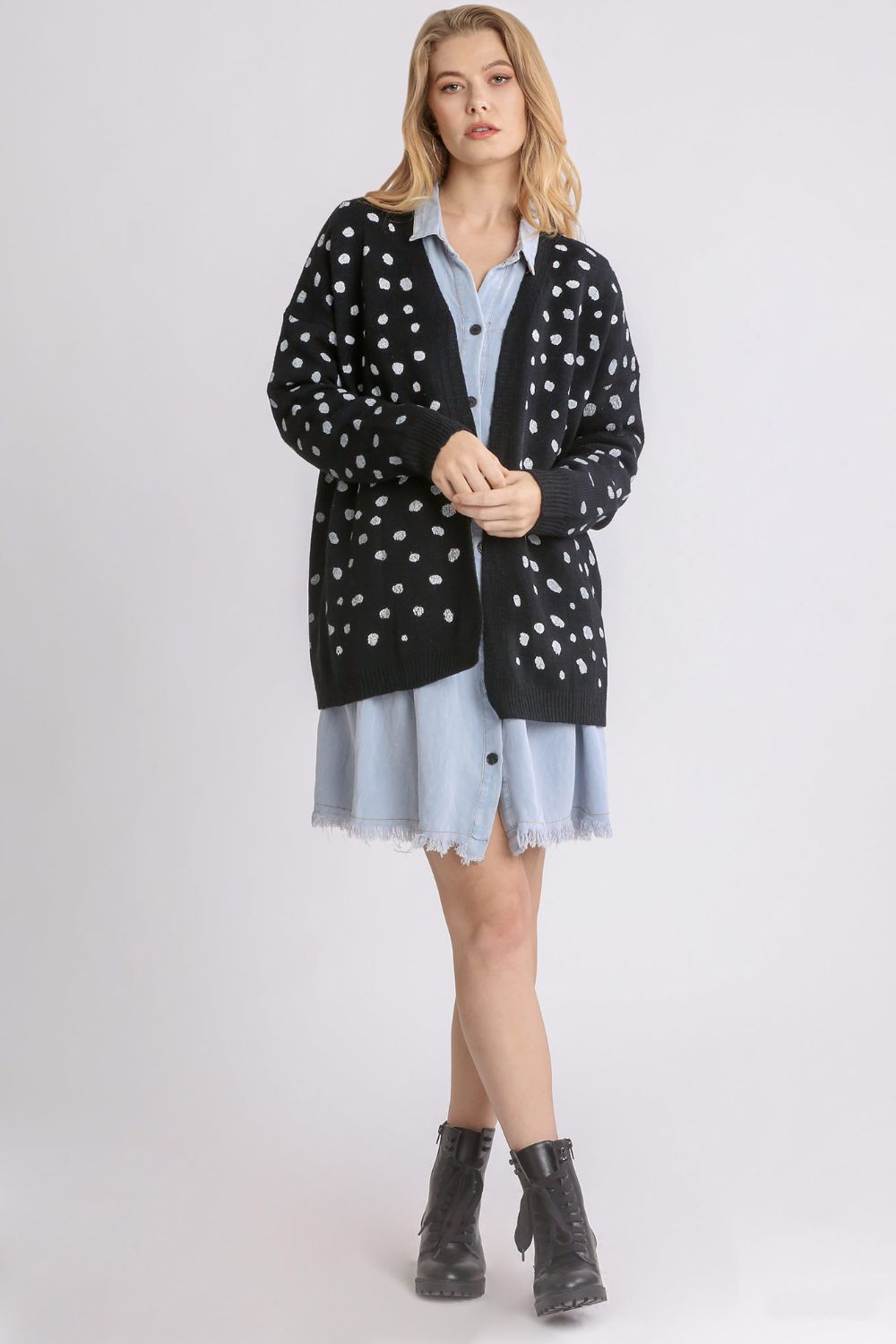 Polka dot open front drop shoulder cardigan with ribbed details.
