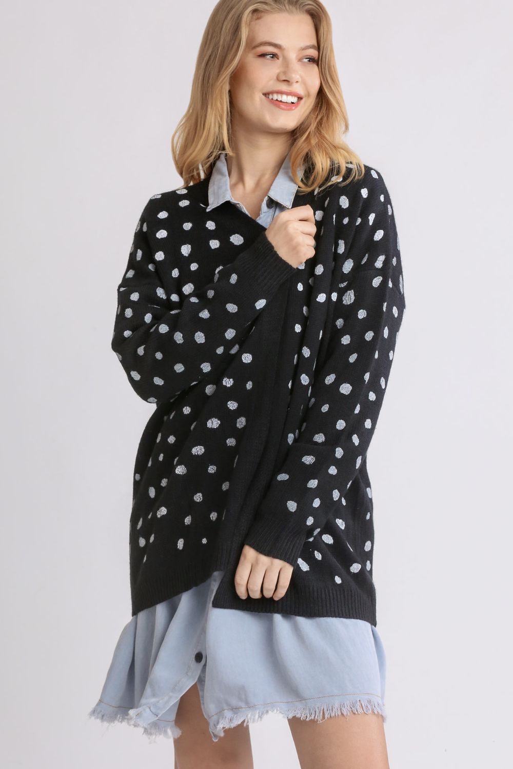 Polka dot open front drop shoulder cardigan with ribbed details.