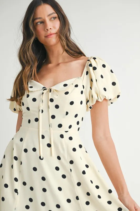 Mable Polka Dot Puff Sleeve Midi Dress.